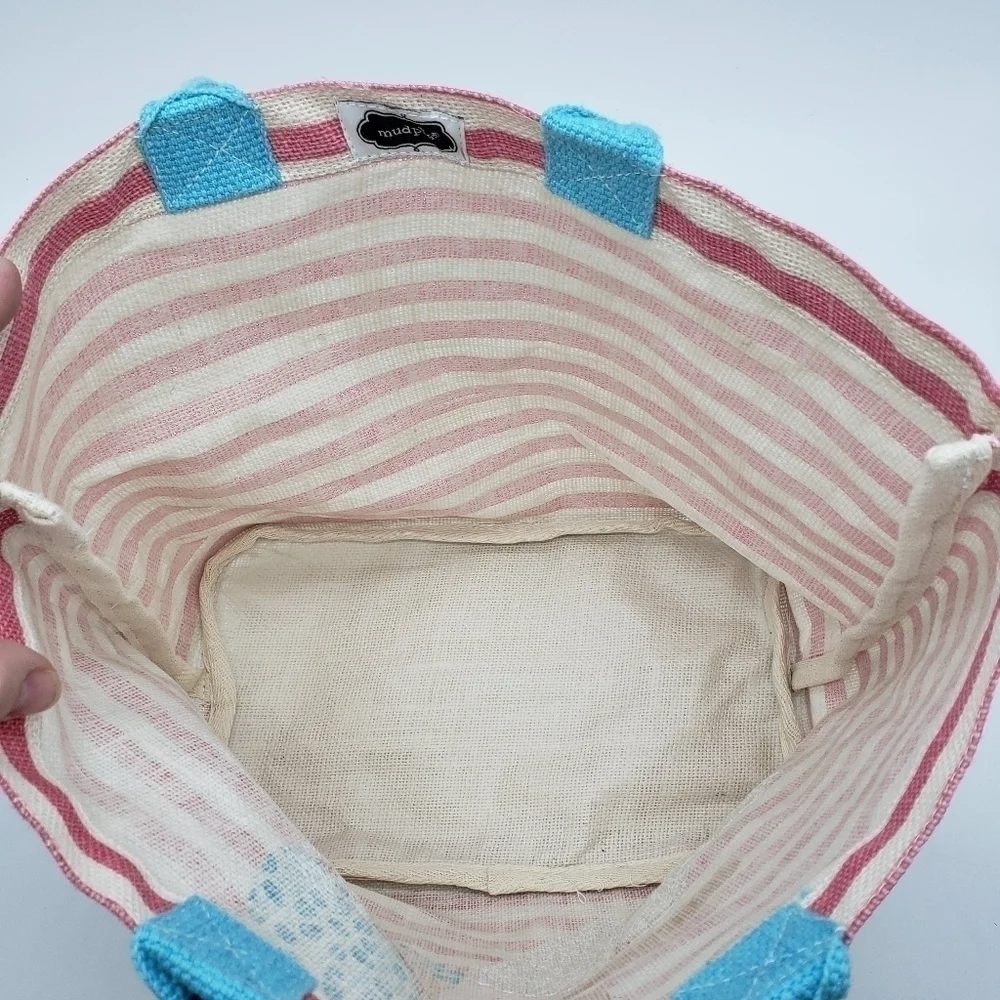 MUD Pie unisex mermaid tote bag pink stripe sequin woven fiber aqua handles